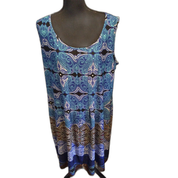 Plus size 2X Sleeveless Blue Stretch Dress NY Collection Swirls Print - Picture 1 of 6